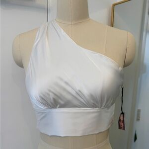 White One Shoulder Satin Tie Back Crop Top – Asymmetrical Party Bridal